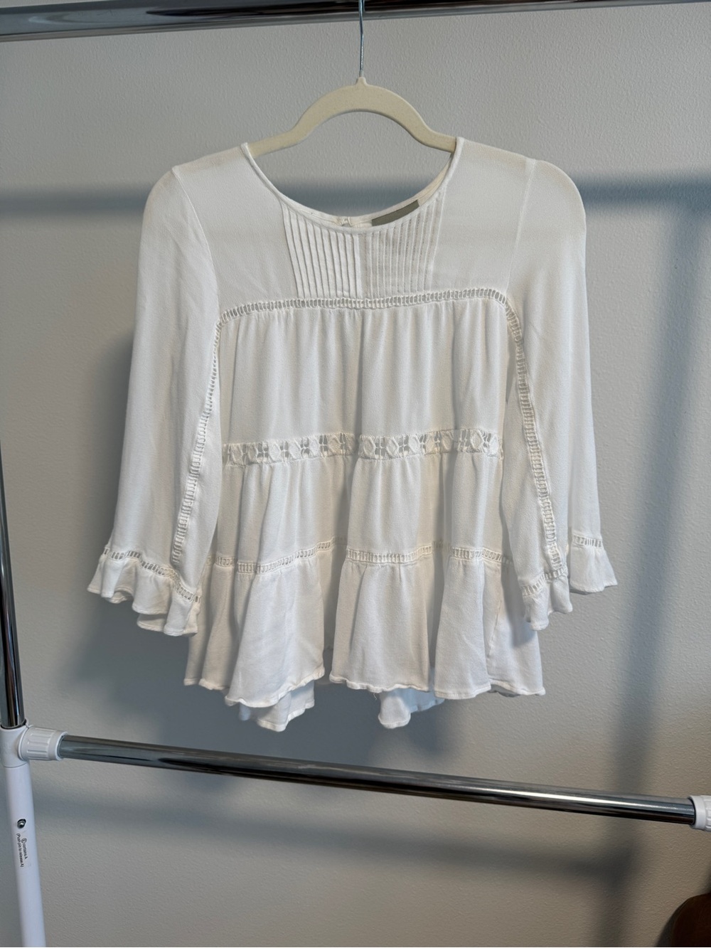 Maeve by Anthro White Rayon Woven Lace Ruffle Bell Sleeve Blouse Women's XS